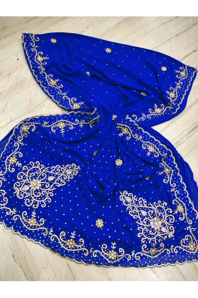 Premium Quality Georgette Royal Blue Saree With All Over Heavy Stone Work (KR985)